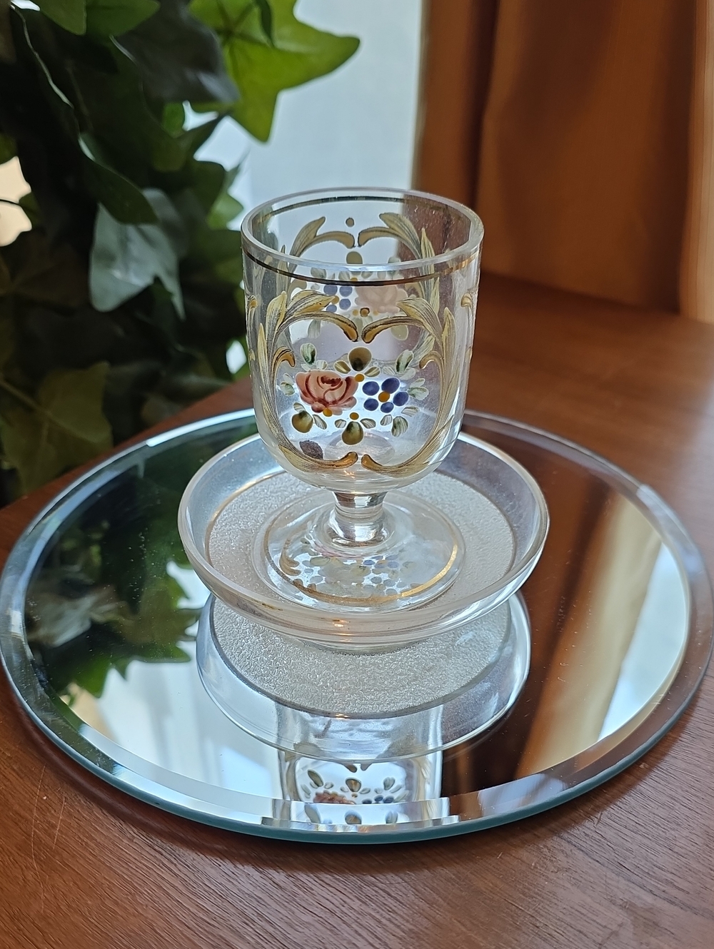Antique Hand-Painted Floral Glass & Saucer